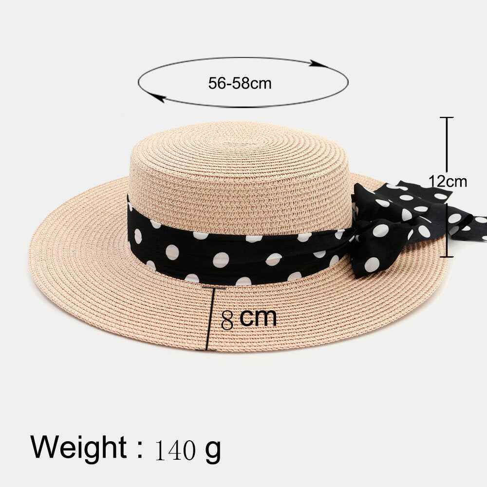 Women Sunscreen Vacation Summer Sun Hat Elegant Stylish Straw Hat With Polka Dot Ribbon