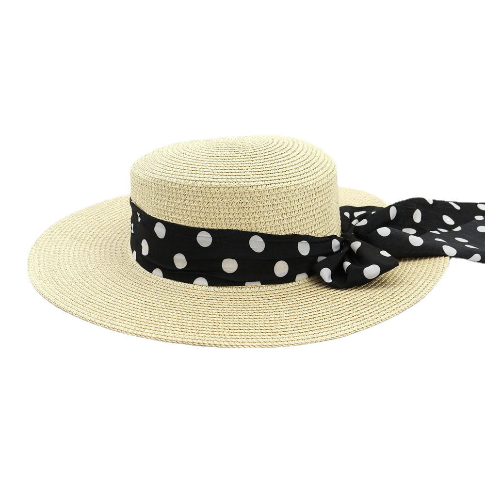 Women Sunscreen Vacation Summer Sun Hat Elegant Stylish Straw Hat With Polka Dot Ribbon