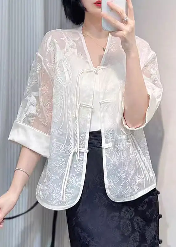 Women White Embroidered Button Silk Blouse Summer QA1040