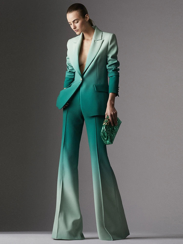 Womens Spring Summer Gradient Design Suits Sets OL Pant Suits Blazer and Pant Sets